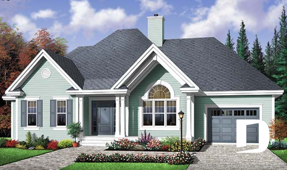 Vue avant - MODÈLE DE BASE - Plan de plain-pied 3 chambres, plafond cathédrale, foyer mitoyen, garage - Cilican