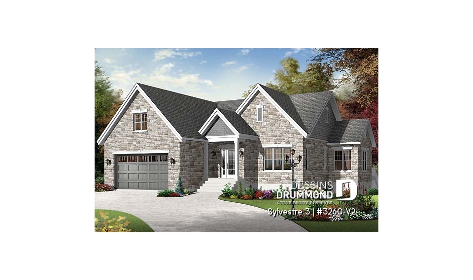 Vue avant - MODÈLE DE BASE - Plan de maison de plain-pied, 2 chambres, garage double avec espace boni, belle fenestration - Sylvestre 3