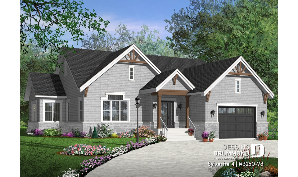 Version couleur no. 1 - Vue avant - Plan de maison plain-pied 3 chambres, grande suite des maîtres, 2.5 salles de bain, garage double, foyer,  - Sylvestre 4