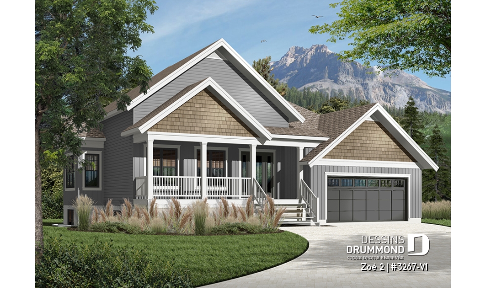 Version couleur no. 3 - Vue avant - Plan plain-pied 1 à 4 chambres, garage double, chambre parents au r-d-c, salle de lavage au RDC - Zoé 2