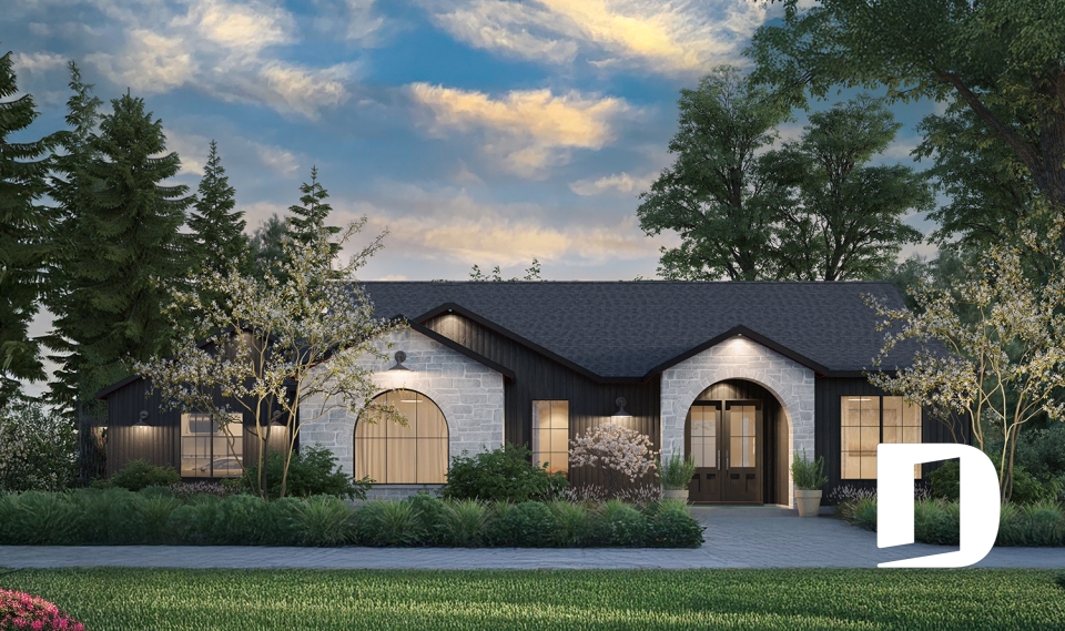 Vue avant - MODÈLE DE BASE - Plan résidentiel de type plain-pied moderne, superbe suite parentale, garage double et options de fondation - Andrews 2