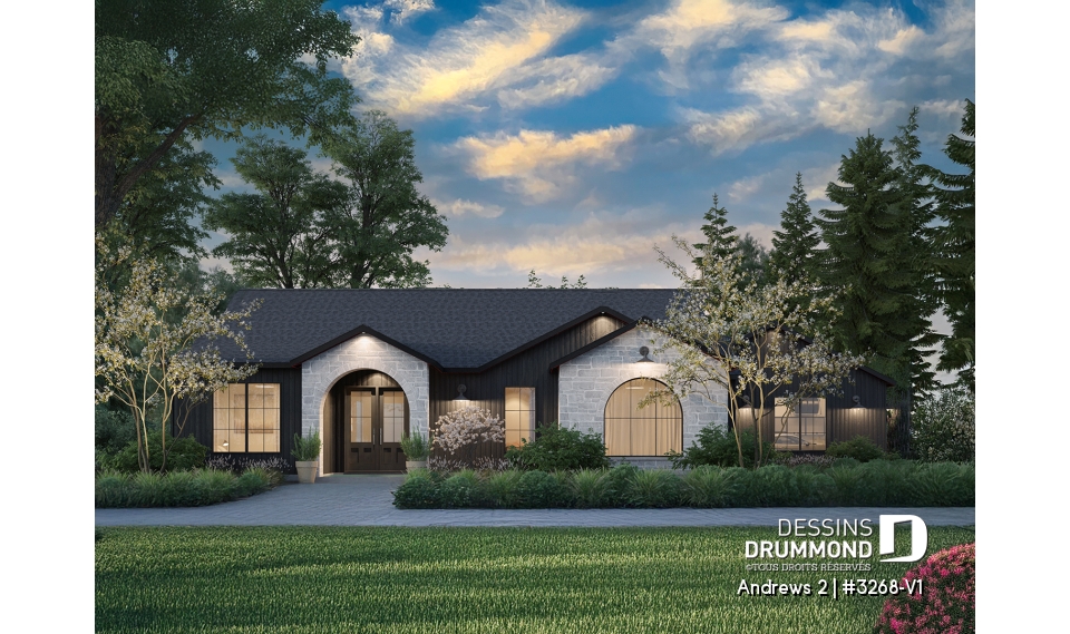 Vue avant - MODÈLE DE BASE - Plan résidentiel de type plain-pied moderne, superbe suite parentale, garage double et options de fondation - Andrews 2