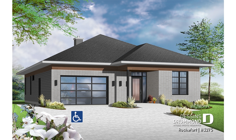 Vue avant - MODÈLE DE BASE - Plan de bungalow adapté fauteuil roulant, 2 chambres, plafond 9pi., foyer, grande terrasse abritée - Rochefort