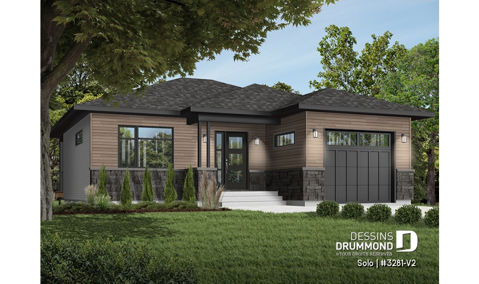 Vue avant - MODÈLE DE BASE - Plan de petit plain-pied moderne 1 chambre, garage, cuisine à aire ouverte avec salon, grande chambre maître - Solo