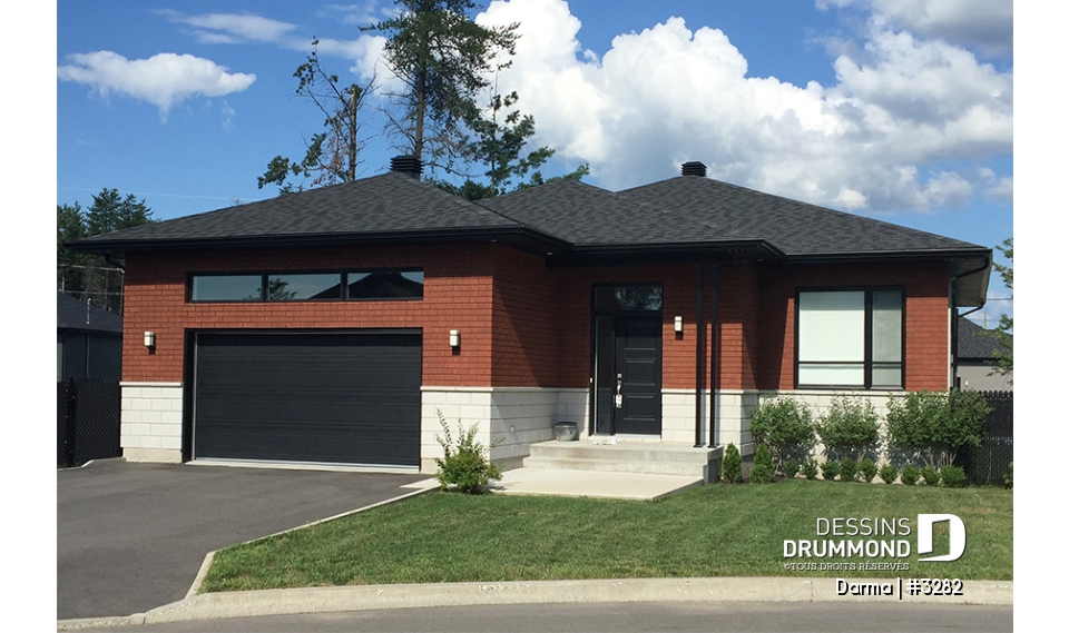 Vue avant - MODÈLE DE BASE - Plan de plain-pied moderne 2 chambres, garage, cuisine avec grand îlot, buanderie au rez-de-chaussée - Darma