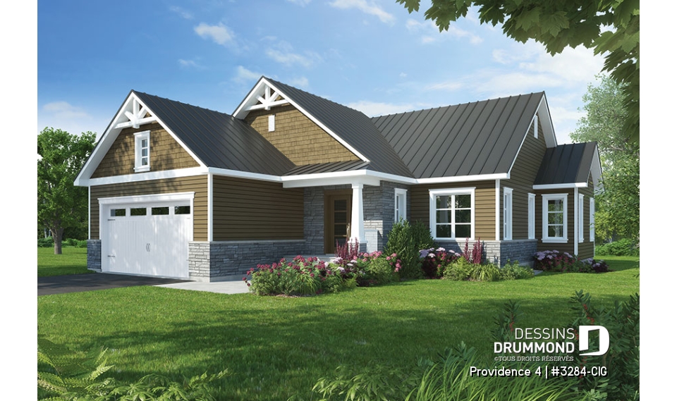 Vue avant - MODÈLE DE BASE - Plan de plain-pied 3 chambres au même plancher, garage double, vestibule, foyer, 2 salles de bain - Providence 4