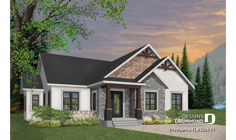 Version couleur no. 6 - Vue avant - Plan maison 3 chambres, Craftsman, chambre des maîtres avec walk-in &amp; salle de douche privée, buanderie, foyer - Providence 1