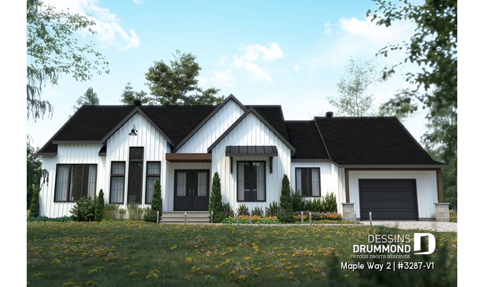 Vue avant - MODÈLE DE BASE - Plan de maison farmhouse moderne plain-pied, 3 chambres, garage, conçu pour Ludovick Bourgeois - Maple Way 2