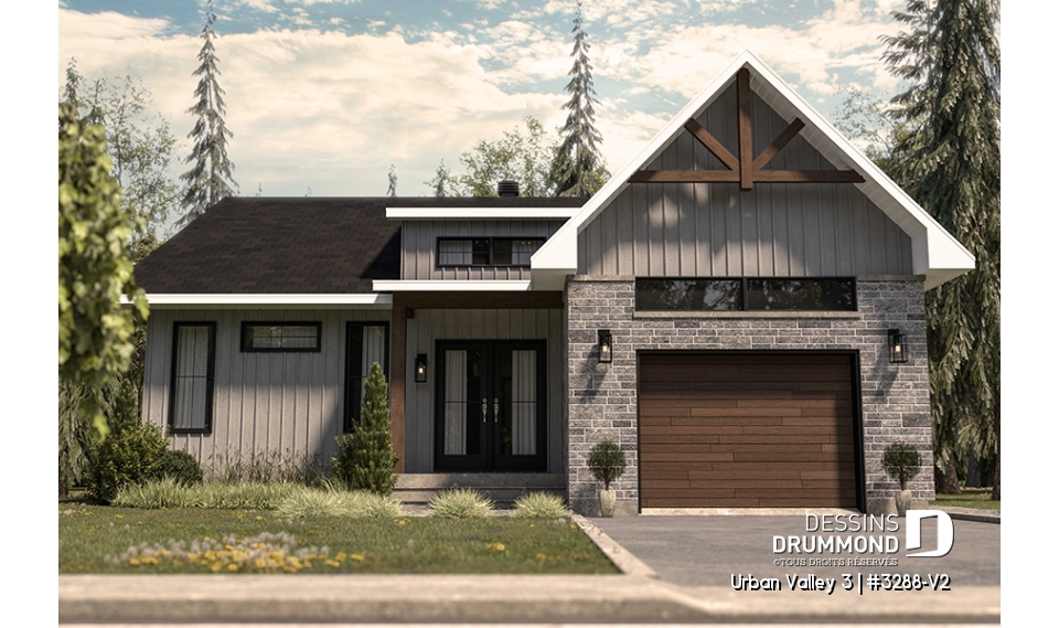 Vue avant - MODÈLE DE BASE - Plan de maison nordique 2 chambres, avec garage, garde-manger, vestiaire, chute à linge - Urban Valley 3