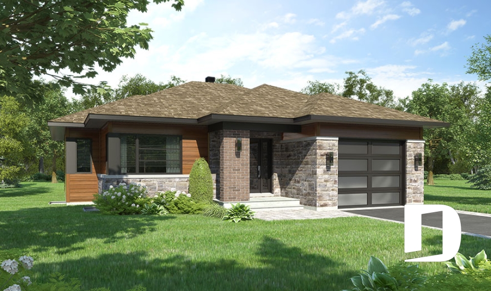 Vue avant - MODÈLE DE BASE - Plan de maison moderne plain-pied avec garage, 2 chambres, garde-manger, walk-in, chute à linge - Pintendre