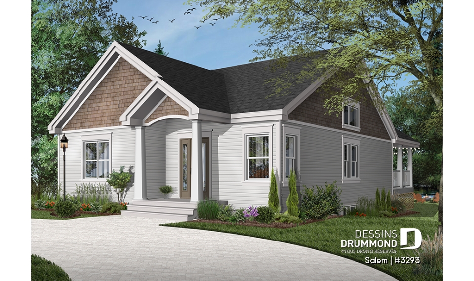 Version couleur no. 2 - Vue avant - Plan maison terrain étroit, grand patio abrité, salle de bain privée, 2 walk-ins, îlot à la cuisine, cathédral - Salem