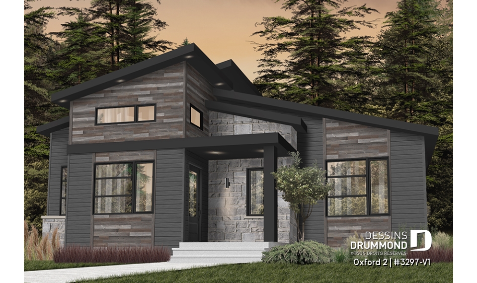 Version couleur no. 3 - Vue avant - Maison 1 étage, 2 chambres, grande cuisine ouverte sur le salon et salle à manger, vestiaire et garde-manger - Oxford 2