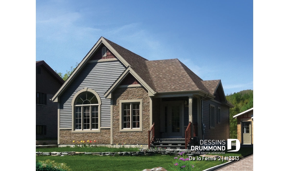 Vue avant - MODÈLE DE BASE - Plan de bungalow style craftsman, 3 chambres au rez-de-chaussée, chambre des maîtres avec grand walk-in - De la Ferme 2