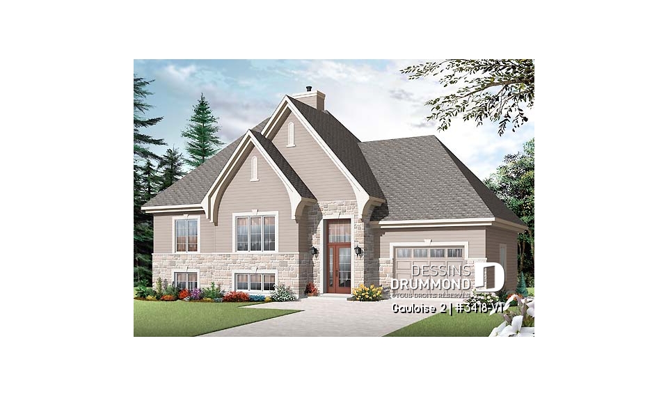 Vue avant - MODÈLE DE BASE - Split-level champêtre, 2 à 4 chambres et 2 salons selon finition du sous-sol, foyer central, garage - Gauloise 2