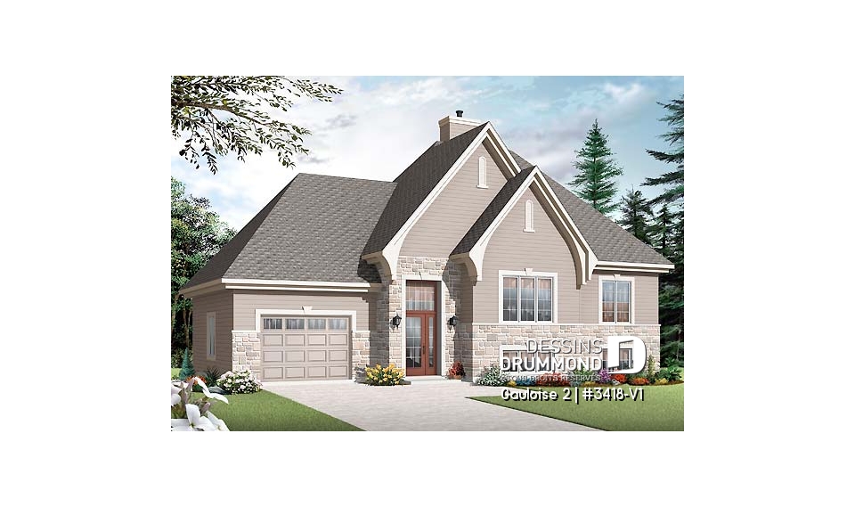 Vue avant - MODÈLE DE BASE - Split-level champêtre, 2 à 4 chambres et 2 salons selon finition du sous-sol, foyer central, garage - Gauloise 2