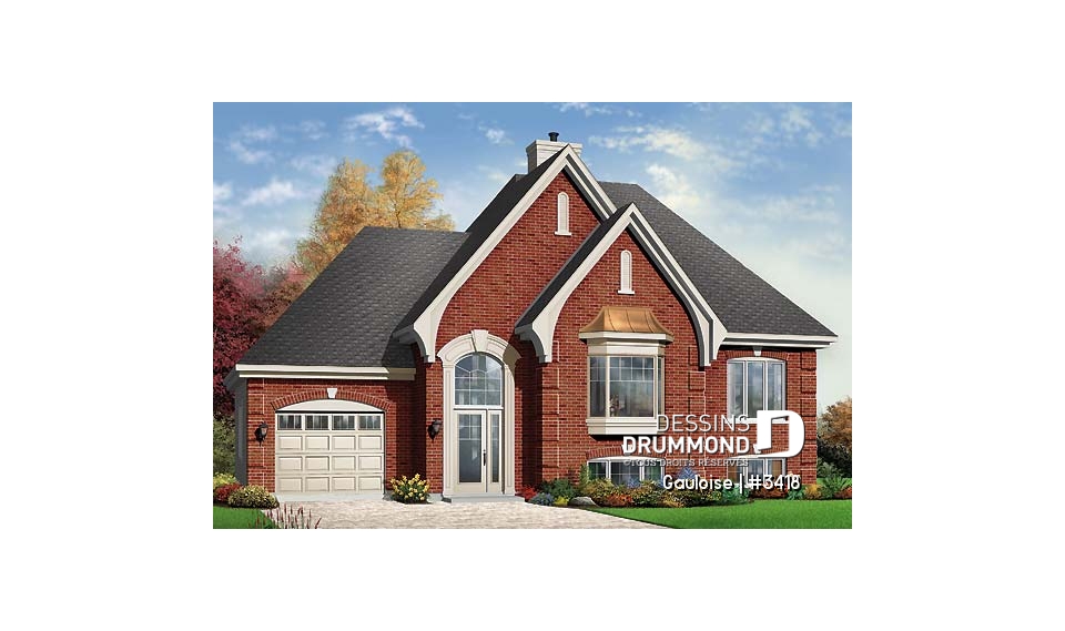 Vue avant - MODÈLE DE BASE - Plain-pied à entrée split, petit budget, plafond cathédrale, foyer central, cuisine avec îlot - Gauloise