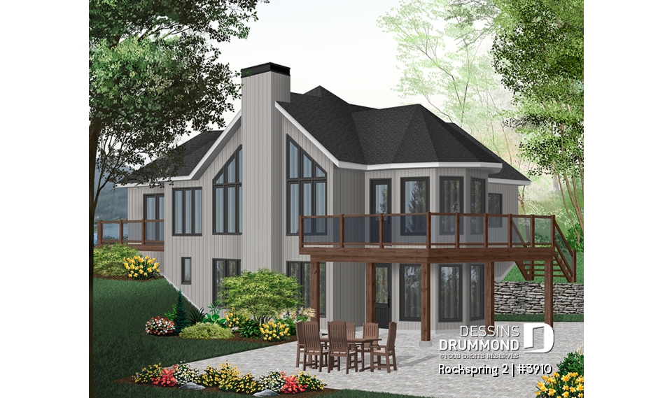 Vue arrière - MODÈLE DE BASE - Plan de maison genre chalet avec garage, 2 terrasses, 2 chambres, sous-sol en rez-de-jardin - Rockspring 2