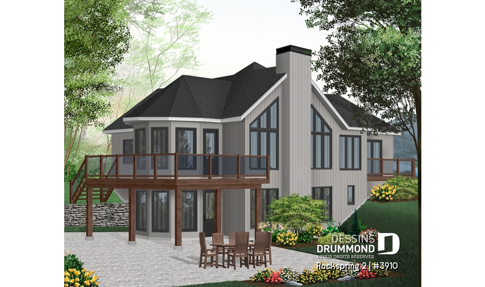 Vue arrière - MODÈLE DE BASE - Plan de maison genre chalet avec garage, 2 terrasses, 2 chambres, sous-sol en rez-de-jardin - Rockspring 2