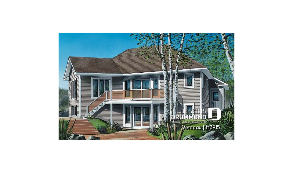 Vue arrière - MODÈLE DE BASE - Bungalow style chalet, grande galerie, foyer au gaz, fenestration abondante, un seule chambre au rdc.  - Verseau