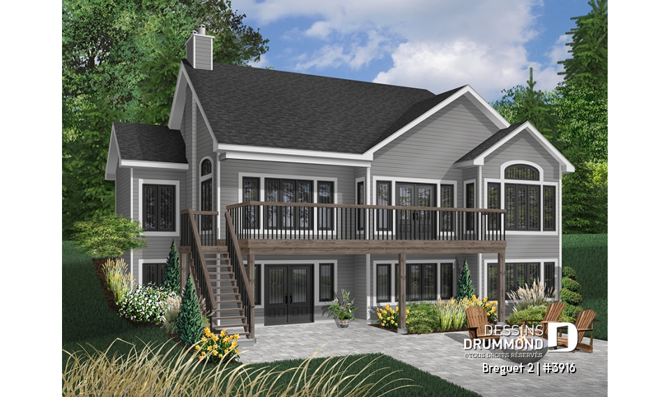 Vue arrière - MODÈLE DE BASE - Plan de maison genre chalet vue panoramique, 1 à 4+ chambres, 2 foyers, garage double, grande terrasse - Breguet 2