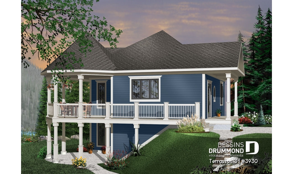 Vue avant - MODÈLE DE BASE - Plan de maison genre chalet avec grande terrasse couverte, 3 chambres, plafond 9', grand salon,  - Terrasson 3