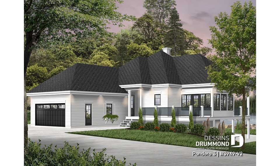 Vue avant - MODÈLE DE BASE - Plan de plain-pied en rez-de-jardin, 4 chambres, salle de jeux, foyer, suite des parents, garage double - Pandora 3