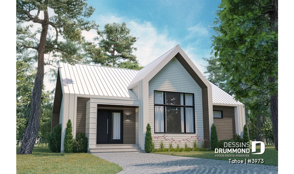 Version couleur no. 1 - Vue avant - Plan maison / chalet scandinave, cathédral, 2 chambres, immense cuisine, garde-manger et vue sur l'arrière - Tahoe