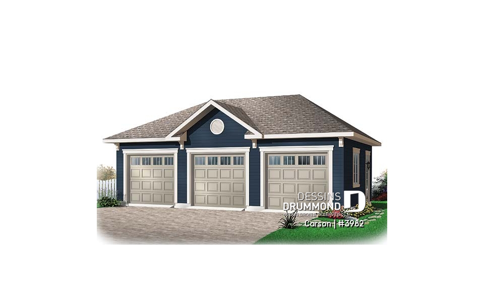 Vue avant - MODÈLE DE BASE - Plan de garage triple, pouvant s'harmoniser avec tous les styles de maison - Carson