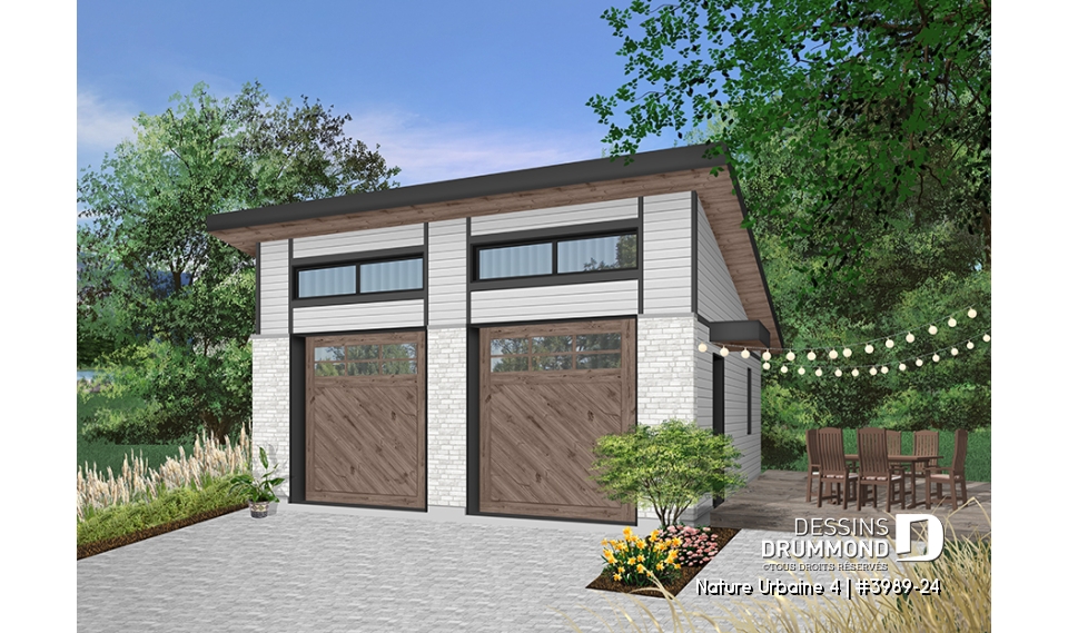 Version couleur no. 1 - Vue avant - Plan de garage pour 2 voitures, avec 2 portes de garage, accès latéral par une porte, 2 fenêtres - Nature Urbaine 4
