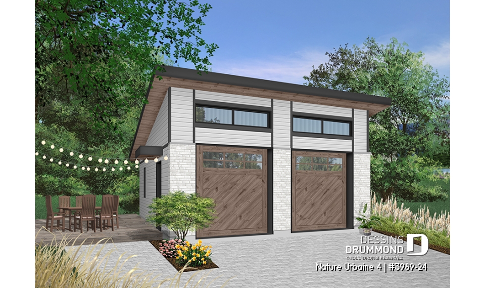 Version couleur no. 1 - Vue avant - Plan de garage pour 2 voitures, avec 2 portes de garage, accès latéral par une porte, 2 fenêtres - Nature Urbaine 4