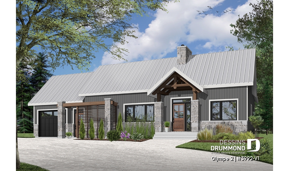 Vue avant - MODÈLE DE BASE - Plan de maison plain-pied scandinave avec garage, plafond cathédral, foyer, grande terrasse abritée - Olympe 2