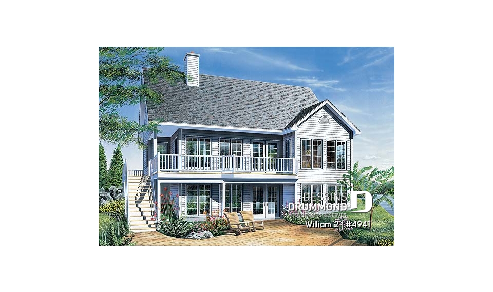 Vue arrière - MODÈLE DE BASE - Plan de chalet avec fenestration abondante, sous-sol en rez-de-jardin non-aménagé, 2 chambres &amp; espace ouvert - William 2