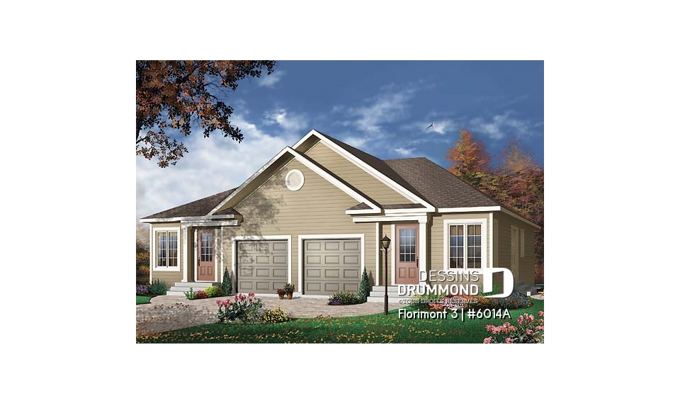 Vue avant - MODÈLE DE BASE - Plan de jumelé avec garage, 2 chambres et sous-sol à aménager (non-fini), construction abordable - Florimont 3
