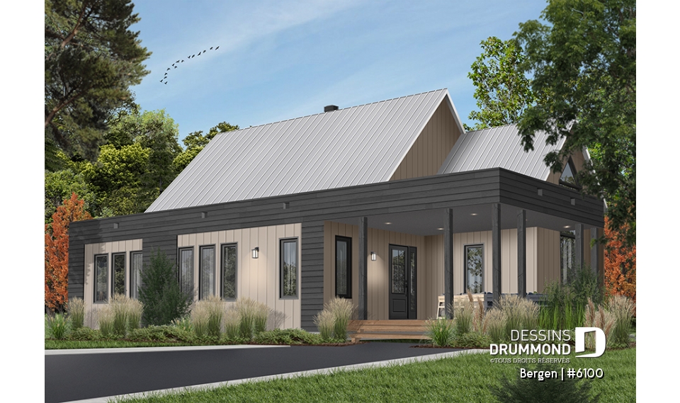 Version couleur no. 4 - Vue avant - Plan de plain-pied scandinave, plafond cathédral, buanderie au rez-de-chaussée, beaucoup de rangement - Bergen