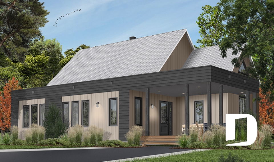 Version couleur no. 4 - Vue avant - Plan de plain-pied scandinave, plafond cathédral, buanderie au rez-de-chaussée, beaucoup de rangement - Bergen