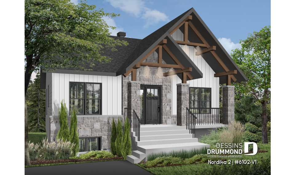 Vue avant - MODÈLE DE BASE - Plan petite maison 2 chambres, abordable, aire ouverte, grande cuisine avec îlot et garde-manger - Nordika 2