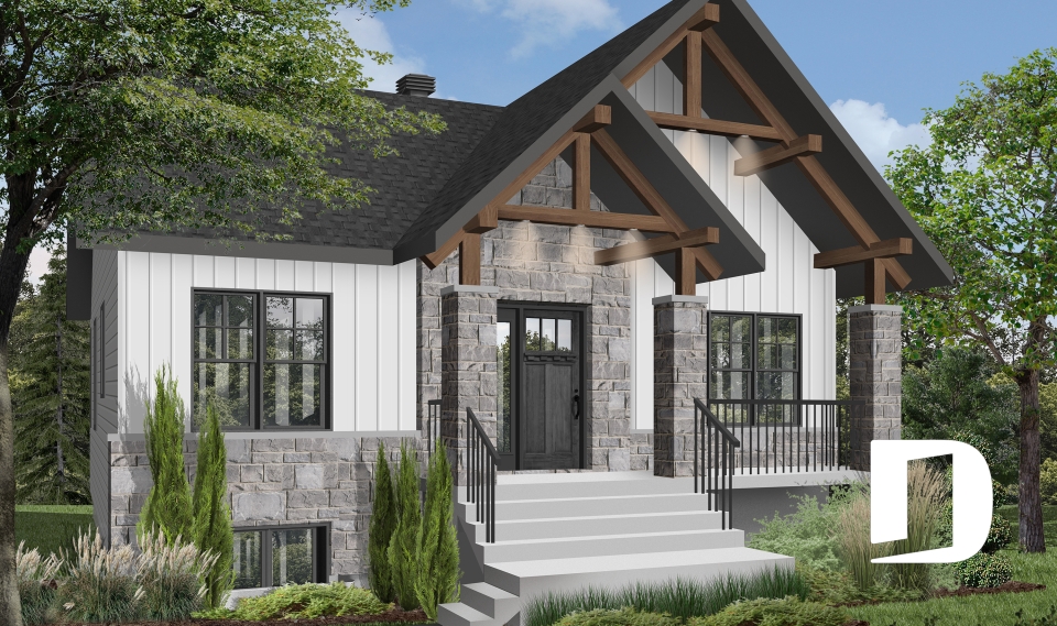 Vue avant - MODÈLE DE BASE - Plan petite maison 2 chambres, abordable, aire ouverte, grande cuisine avec îlot et garde-manger - Nordika 2