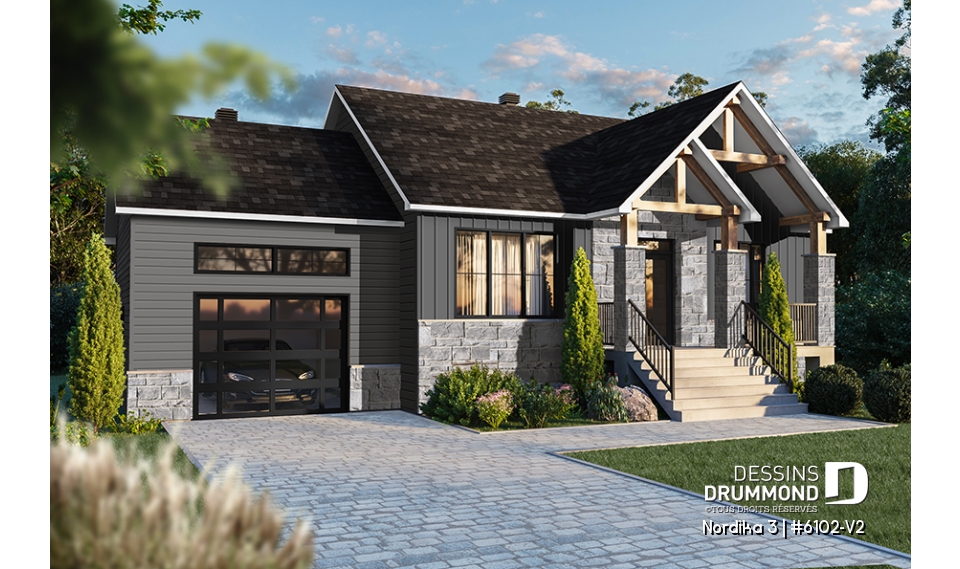 Vue avant - MODÈLE DE BASE - Plan de maison plain-pied 2 chambres au même niveau, garage, garde-manger, aire ouverte, superbe cuisine - Nordika 3