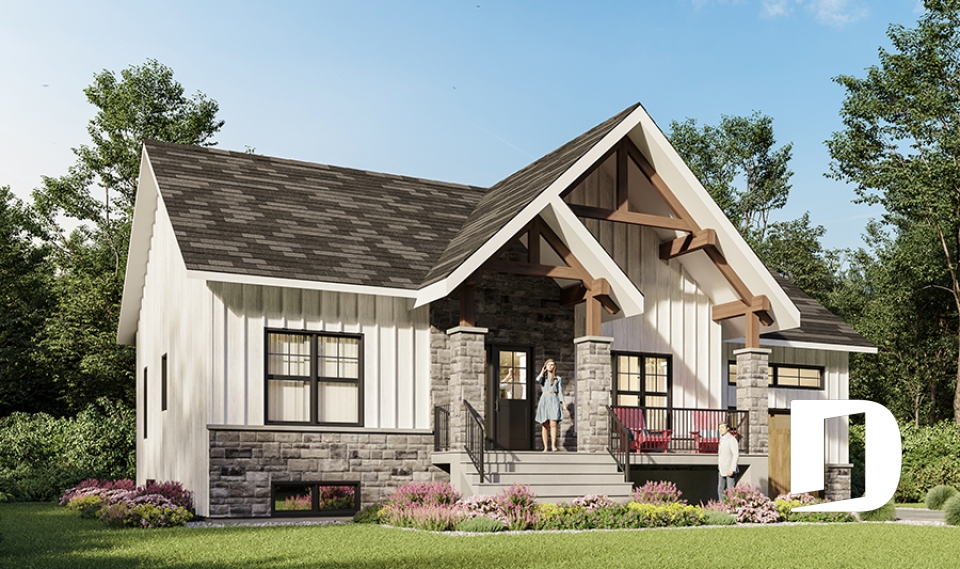 Vue avant - MODÈLE DE BASE - Plan de maison Crafsman 2 chambres, garage, aire ouverte, garde-manger, chute à linge - Nordika 5