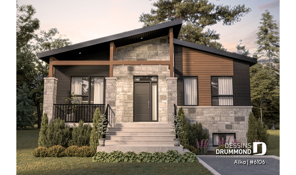 Alternative - Plan de plain-pied 2 chambres contemporain, cuisine et salon à l'arrière de la maison, belle fenestration - Aïka