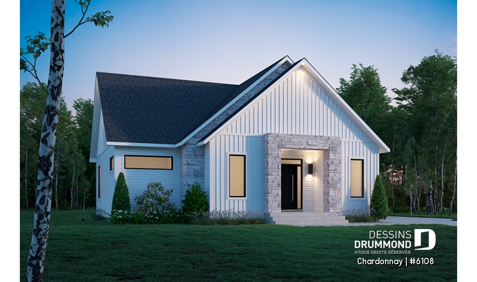 Vue avant - MODÈLE DE BASE - Plan de maison scandinave 2 chambres + bureau, garde-manger, terrasse couverte - Chardonnay