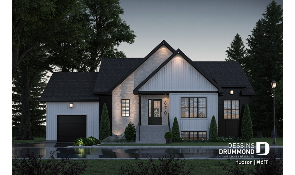 Vue avant - MODÈLE DE BASE - Plan de la collection Maibec X Dessins Drummond proposant 3 chambres, vestiaire, garage - Hudson