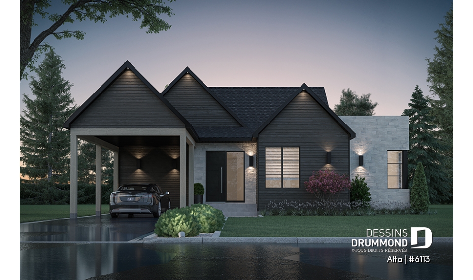 Vue avant - MODÈLE DE BASE - Maison plain-pied scandinave avec abri d'auto, superbe aire ouverte, terrasse abritée + abri moustiquaire - Alta