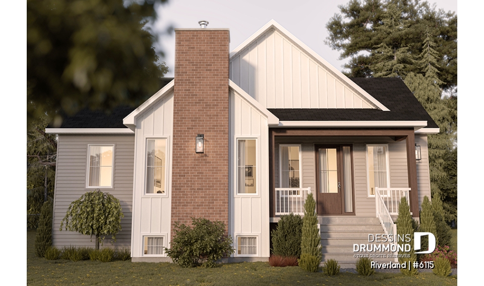 Vue avant - MODÈLE DE BASE - Plan de maison de style campagne avec terrasses couvertes, jusqu’à 3 chambres et grand espace de vie convivial - Riverland