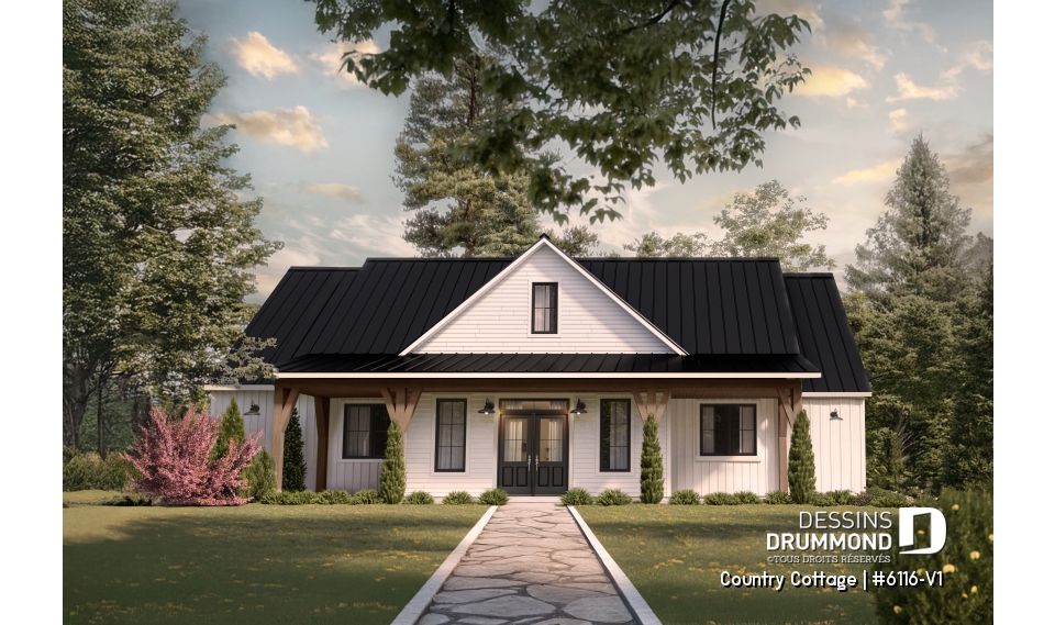 Vue avant - MODÈLE DE BASE - Modèle de maison Farmhouse plain-pied au Québec – 3 chambres, foyer et grand garage double - Country Cottage