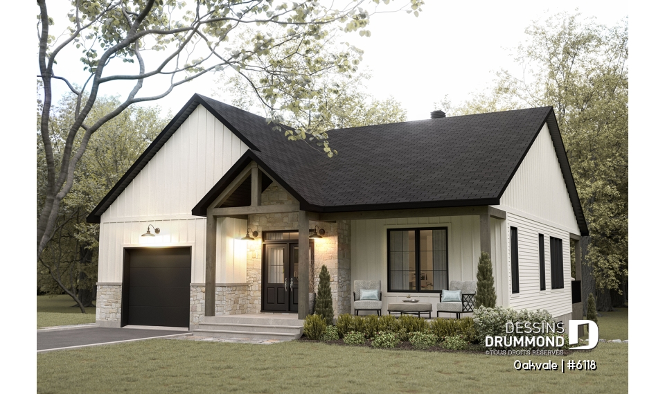 Vue avant - MODÈLE DE BASE - Modèle de maison champêtre de 2 à 4 chambres, sous-sol aménagé optionnel ($), garage, aire ouverte - Oakvale