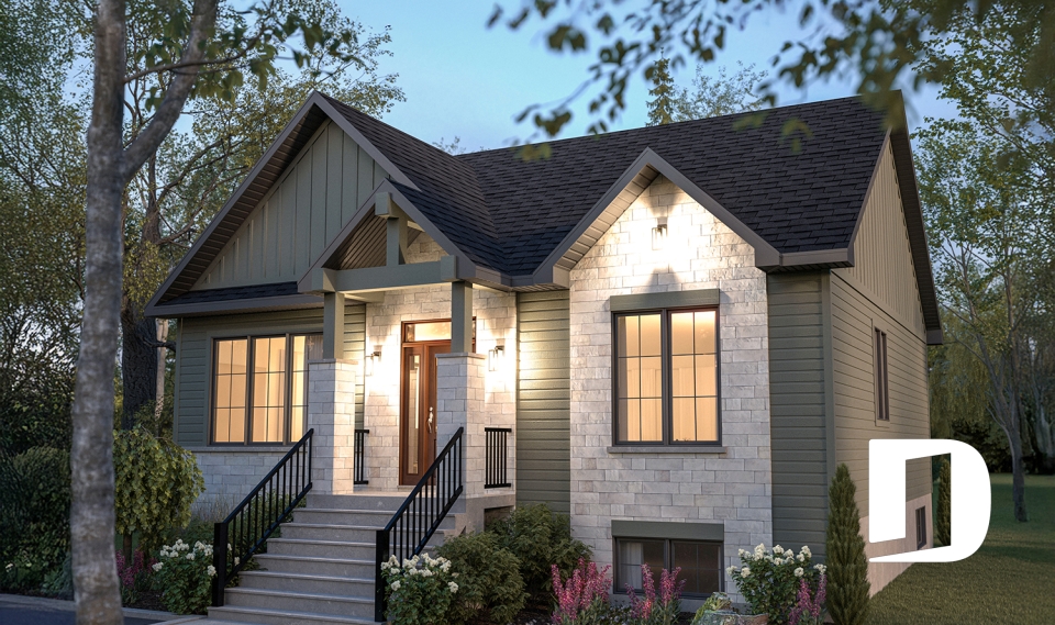 Vue avant - MODÈLE DE BASE - Plan de maison plain-pied, 2 à 4 chambres, aire ouverte, vestiaire et sous-sol aménagé (optionnel $) - Toundra