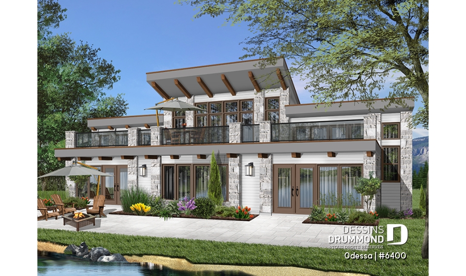 Version couleur no. 4 - Vue arrière - Plan maison moderne bord de l'eau, 3 chambres, 2.5 salles de bain, énorme terrasse à l'étage, 2 salons, foyer - Odessa