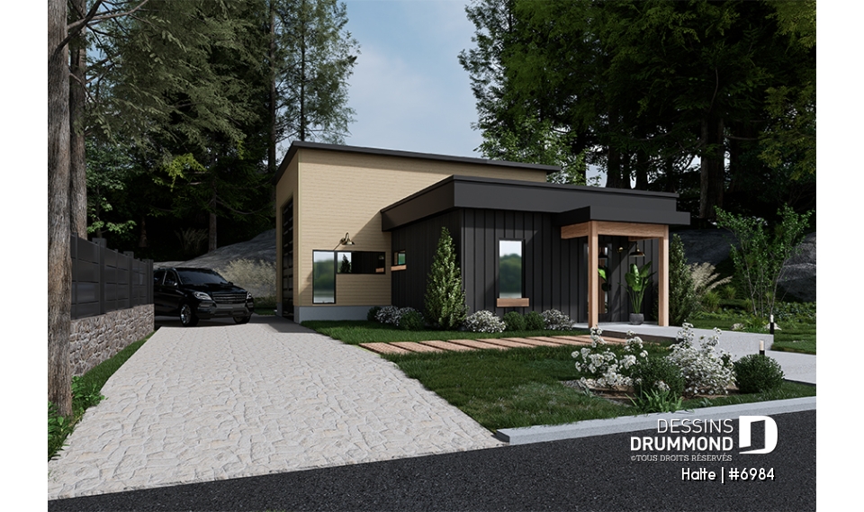 Version couleur no. 1 - Vue avant - Maison moderne cubique avec garage pour motorisé et plusieurs options d'aménagement intérieur - Halte