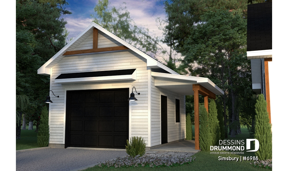 Vue avant - MODÈLE DE BASE - Plan de garage une voiture, style farmhouse moderne, avec un appentis pour rangement bois - Simsbury